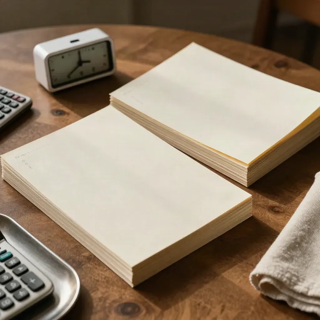 Top-down GCSE prep spread with timer, calculator and face-down past papers on a walnut desk.