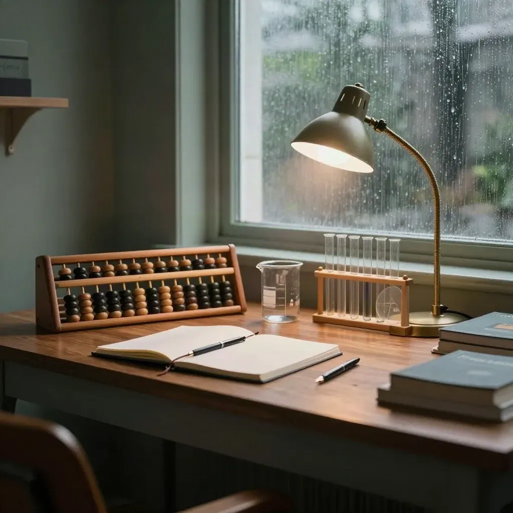 Rain-lit tutoring studio table with abacus, books, fraction discs and lab glass under a lamp.