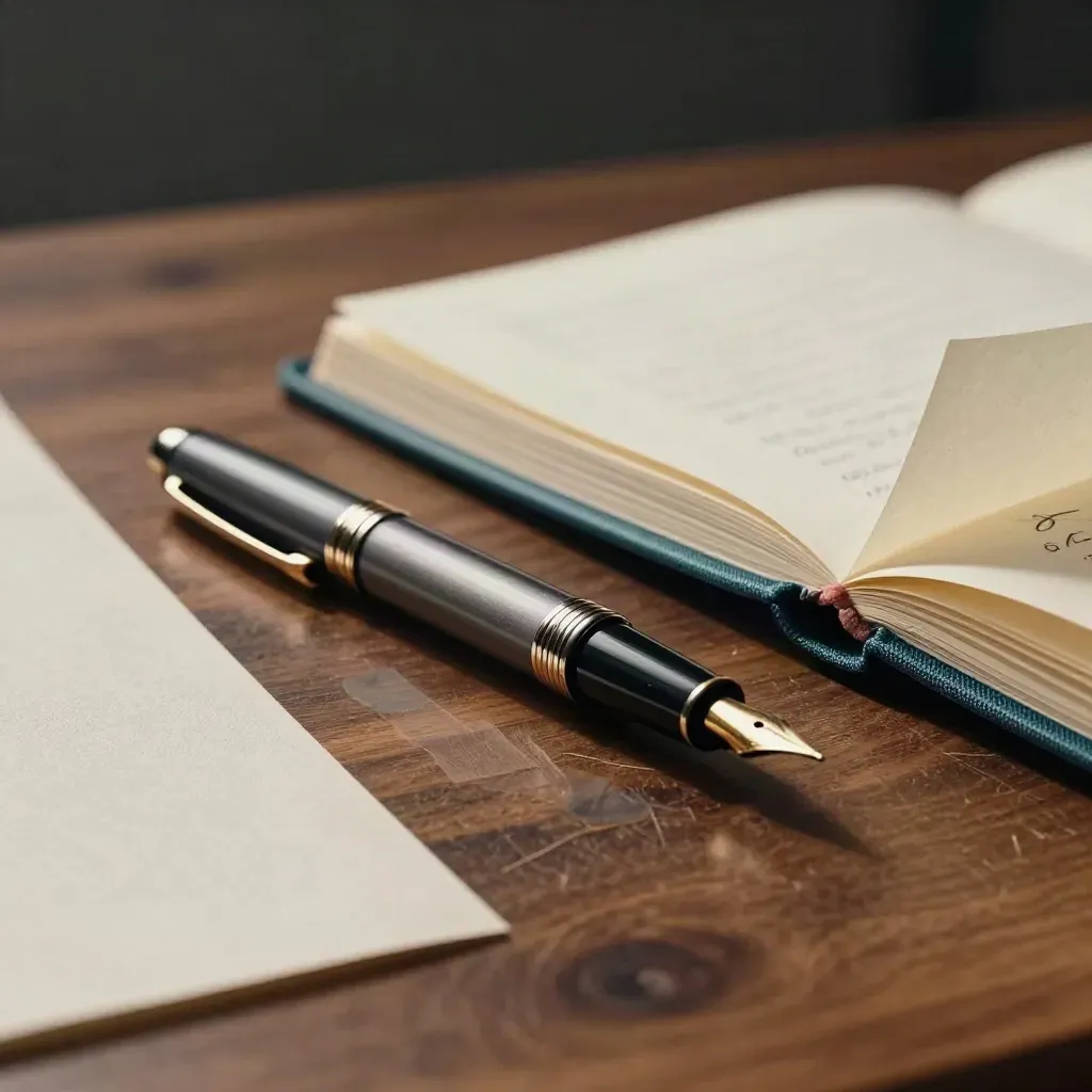 Fountain pen, pencil, tabs and hardback on a walnut desk in dramatic low light.