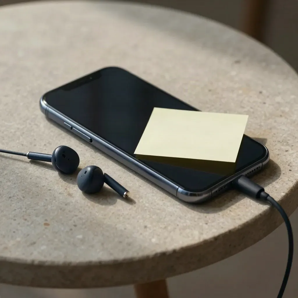 Dark phone, earbuds and blank note on a stone side table in soft side light.