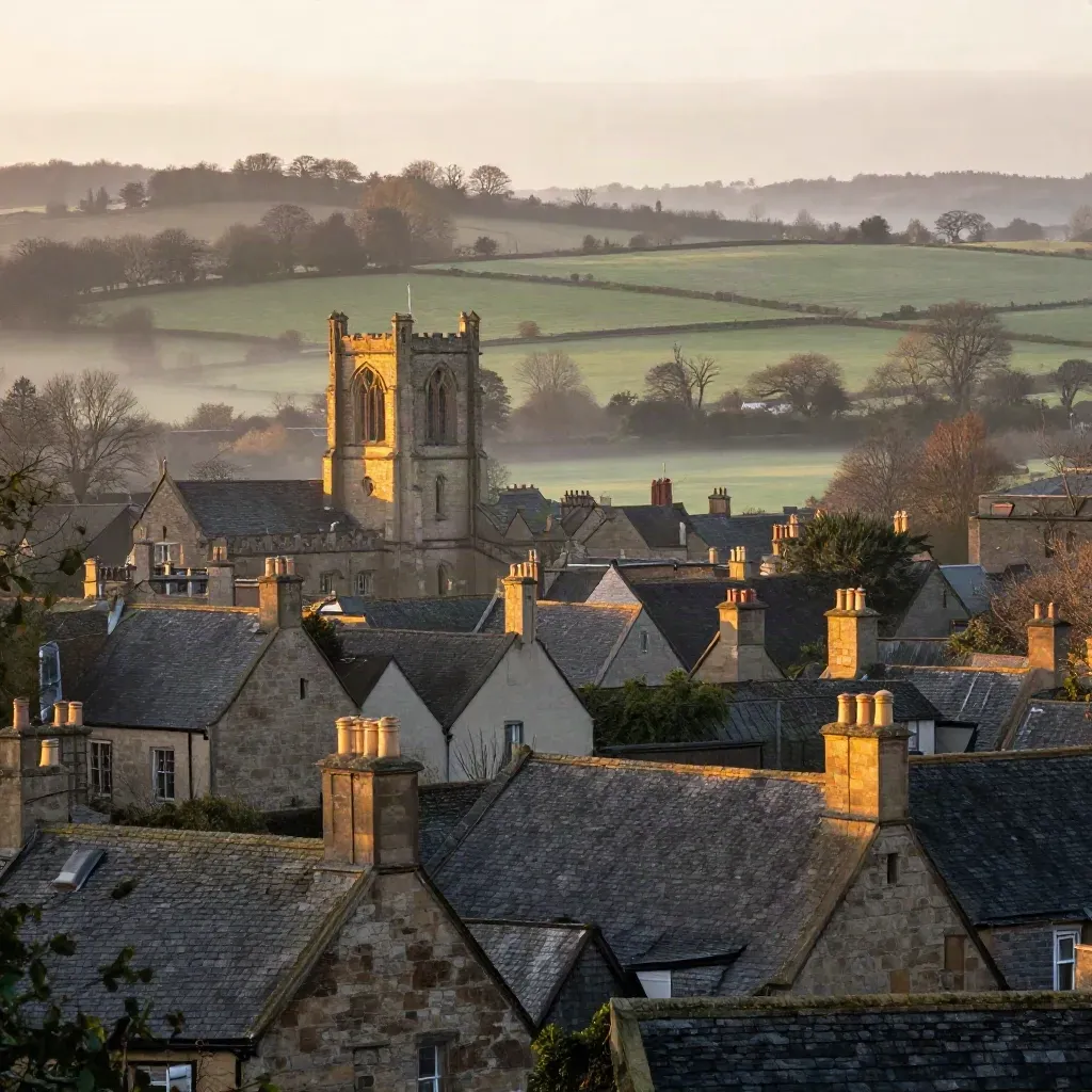 Cheshire misty sunrise over Chester rooftops, cathedral tower and green fields.